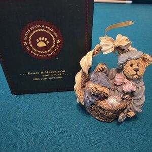 Boyds Bears Basket Figurine with Blue and Brown Accents